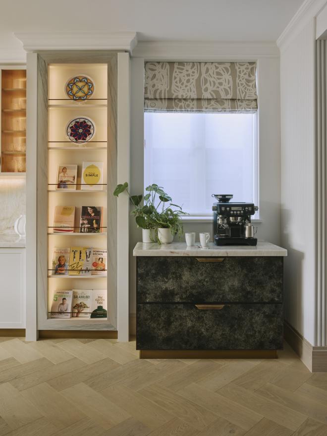 The book rack with marble surround is a fabulous focal point.